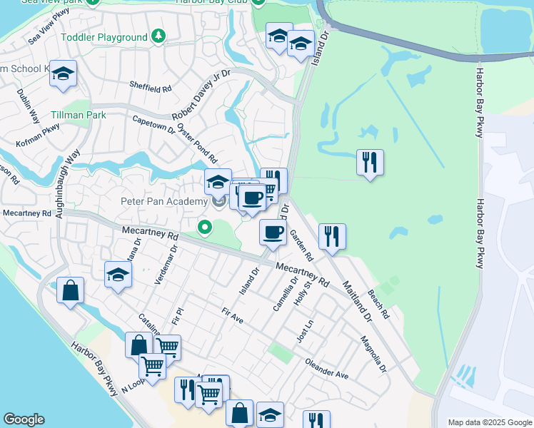 map of restaurants, bars, coffee shops, grocery stores, and more near 801 Island Drive in Alameda