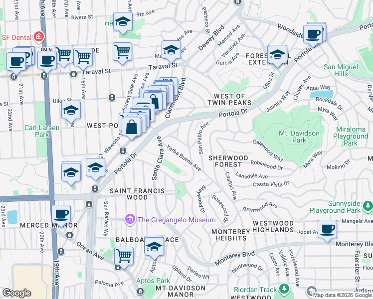 map of restaurants, bars, coffee shops, grocery stores, and more near 145 Santa Monica Way in San Francisco