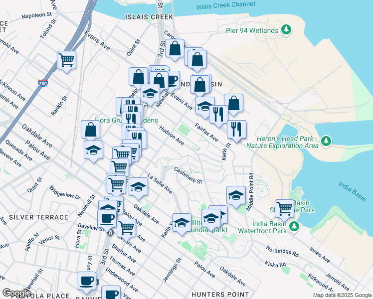 map of restaurants, bars, coffee shops, grocery stores, and more near 1415 Hudson Avenue in San Francisco