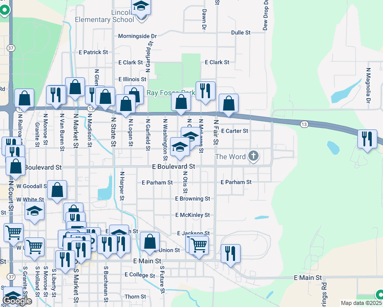map of restaurants, bars, coffee shops, grocery stores, and more near 801 East Reeves Street in Marion