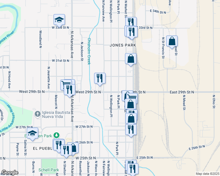 map of restaurants, bars, coffee shops, grocery stores, and more near 3019 N Wellington Pl in Wichita