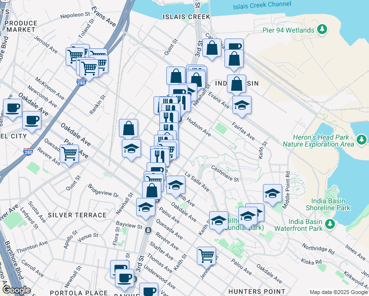 map of restaurants, bars, coffee shops, grocery stores, and more near 1531 Jerrold Avenue in San Francisco