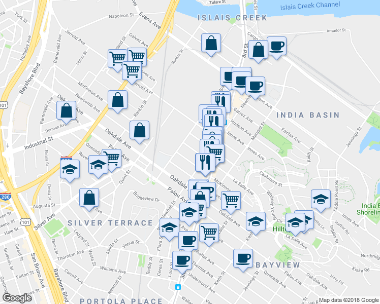 map of restaurants, bars, coffee shops, grocery stores, and more near 1759 La Salle Avenue in San Francisco