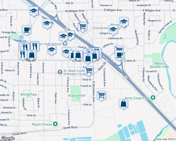 map of restaurants, bars, coffee shops, grocery stores, and more near 228 South Walnut Avenue in Ripon