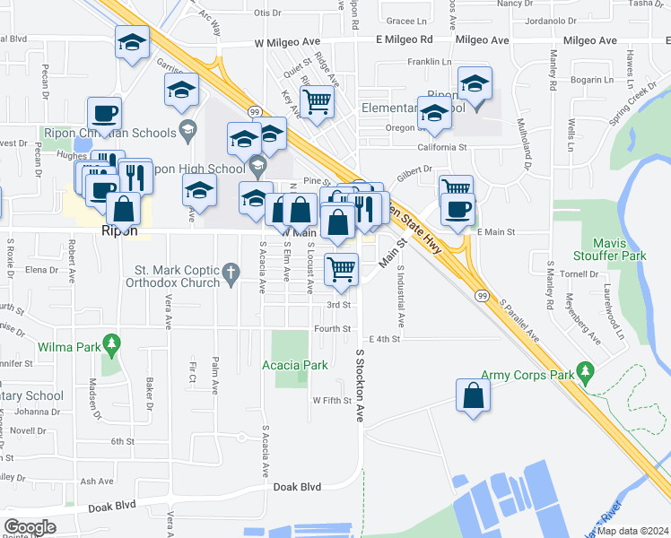 map of restaurants, bars, coffee shops, grocery stores, and more near 140 South Walnut Avenue in Ripon