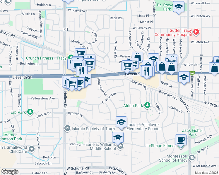 map of restaurants, bars, coffee shops, grocery stores, and more near 1025 Peacock Court in Tracy
