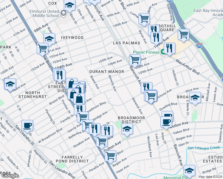 map of restaurants, bars, coffee shops, grocery stores, and more near 2001 Durant Avenue in Oakland