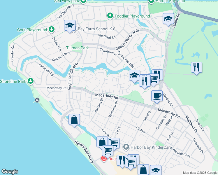 map of restaurants, bars, coffee shops, grocery stores, and more near 210 Chinaberry Lane in Alameda