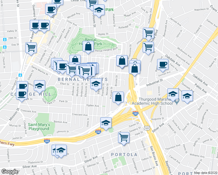 map of restaurants, bars, coffee shops, grocery stores, and more near 385 Prentiss Street in San Francisco