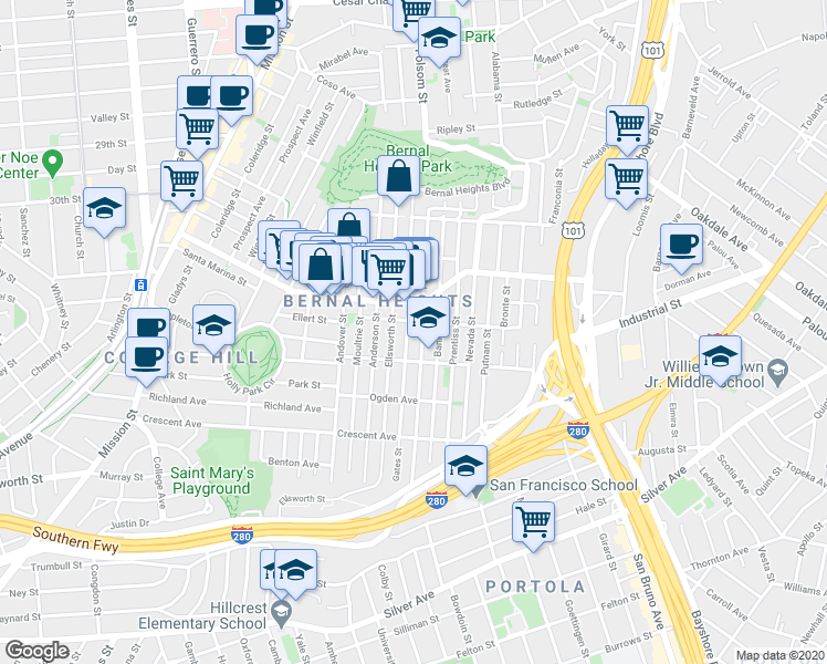 map of restaurants, bars, coffee shops, grocery stores, and more near in San Francisco