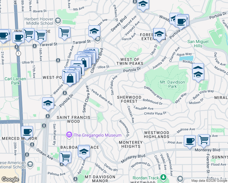 map of restaurants, bars, coffee shops, grocery stores, and more near 89 Miraloma Drive in San Francisco