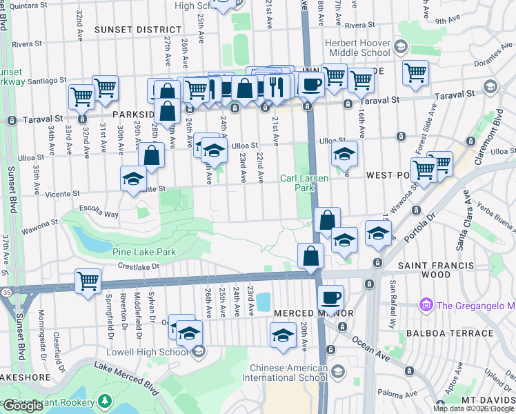 map of restaurants, bars, coffee shops, grocery stores, and more near 2630 23rd Avenue in San Francisco