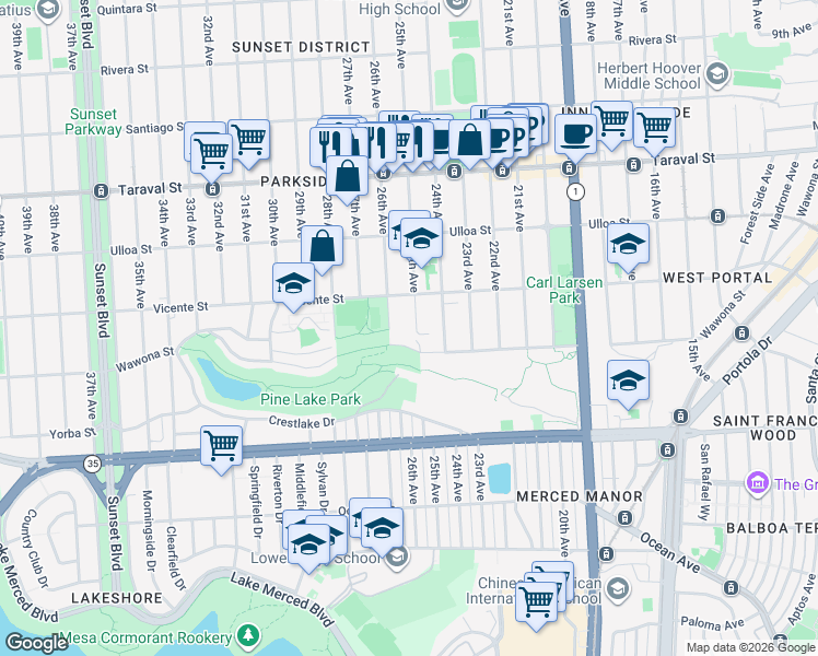 map of restaurants, bars, coffee shops, grocery stores, and more near 2624 26th Avenue in San Francisco