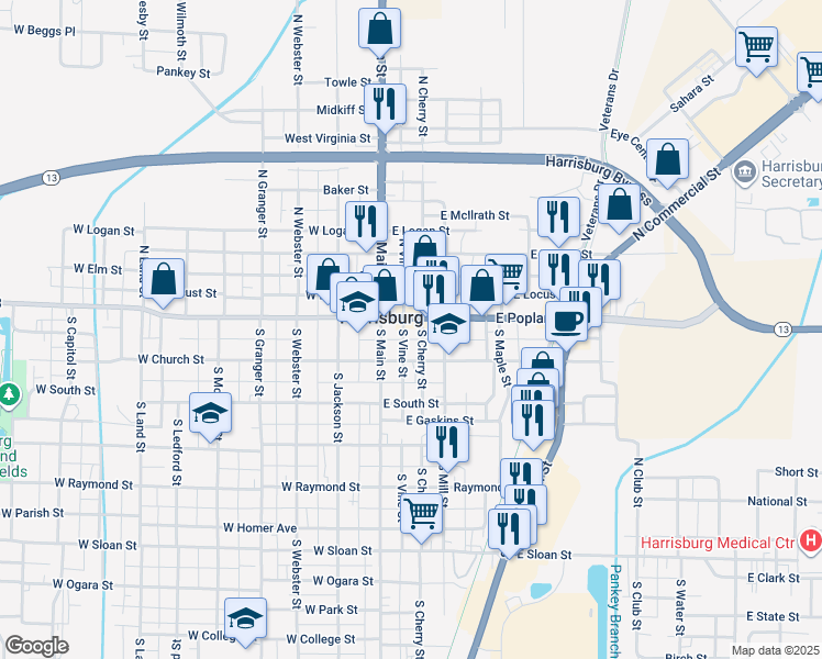 map of restaurants, bars, coffee shops, grocery stores, and more near 2 North Vine Street in Harrisburg