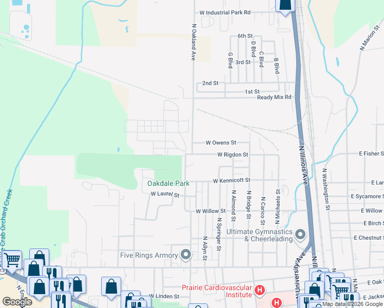 map of restaurants, bars, coffee shops, grocery stores, and more near 1101 North Oakland Avenue in Carbondale