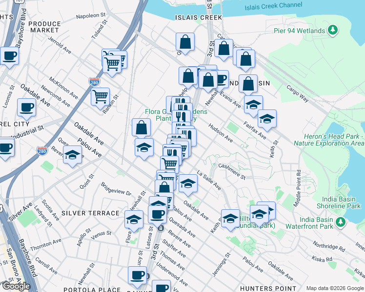 map of restaurants, bars, coffee shops, grocery stores, and more near 3rd St & Kirkwood Ave in San Francisco