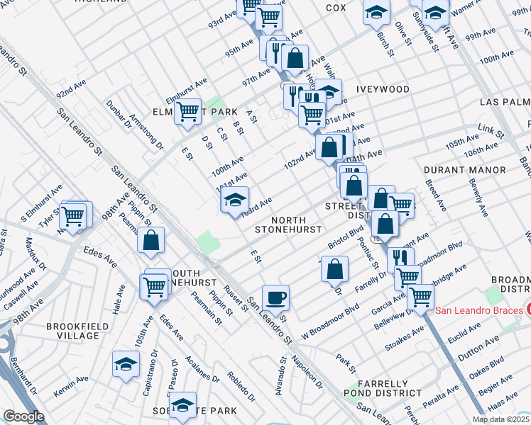 map of restaurants, bars, coffee shops, grocery stores, and more near 1121 104th Avenue in Oakland