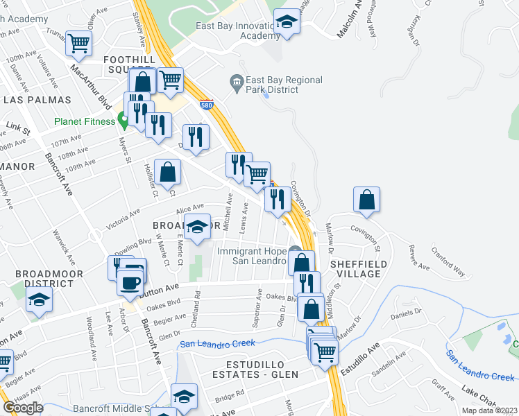 map of restaurants, bars, coffee shops, grocery stores, and more near 659 MacArthur Boulevard in San Leandro