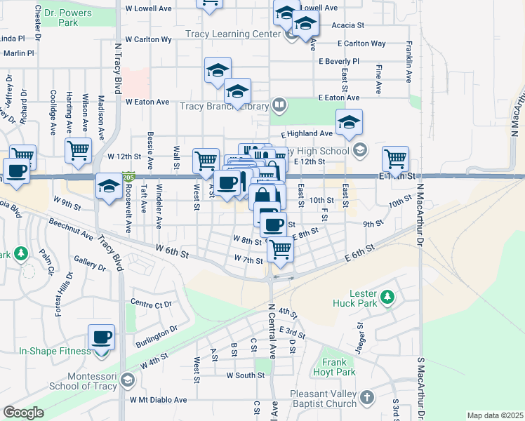 map of restaurants, bars, coffee shops, grocery stores, and more near 45 West 10th Street in Tracy