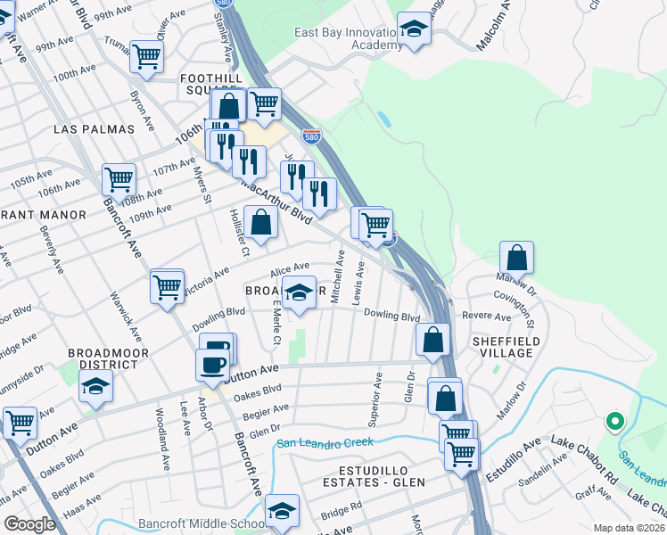 map of restaurants, bars, coffee shops, grocery stores, and more near 999 Alice Avenue in San Leandro