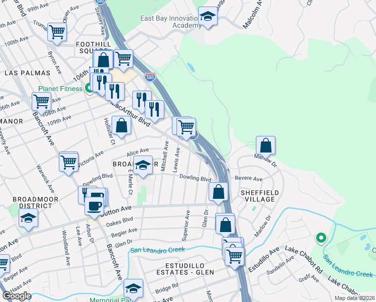 map of restaurants, bars, coffee shops, grocery stores, and more near 659 MacArthur Boulevard in San Leandro