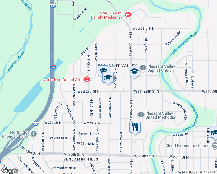 map of restaurants, bars, coffee shops, grocery stores, and more near 2000 West 29th Street North in Wichita