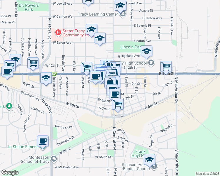 map of restaurants, bars, coffee shops, grocery stores, and more near 929 North Central Avenue in Tracy