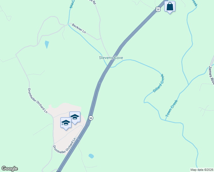 map of restaurants, bars, coffee shops, grocery stores, and more near in Lovingston