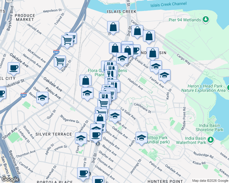 map of restaurants, bars, coffee shops, grocery stores, and more near in San Francisco