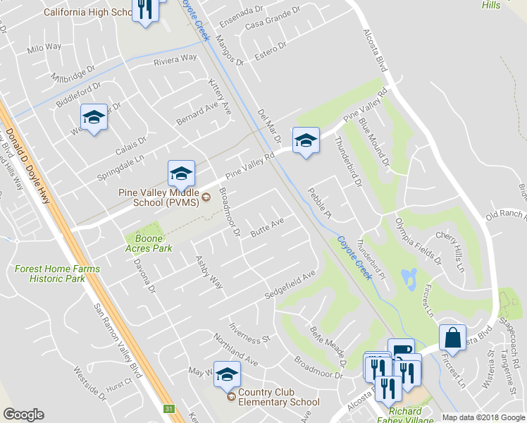 map of restaurants, bars, coffee shops, grocery stores, and more near 262 Lander Place in San Ramon
