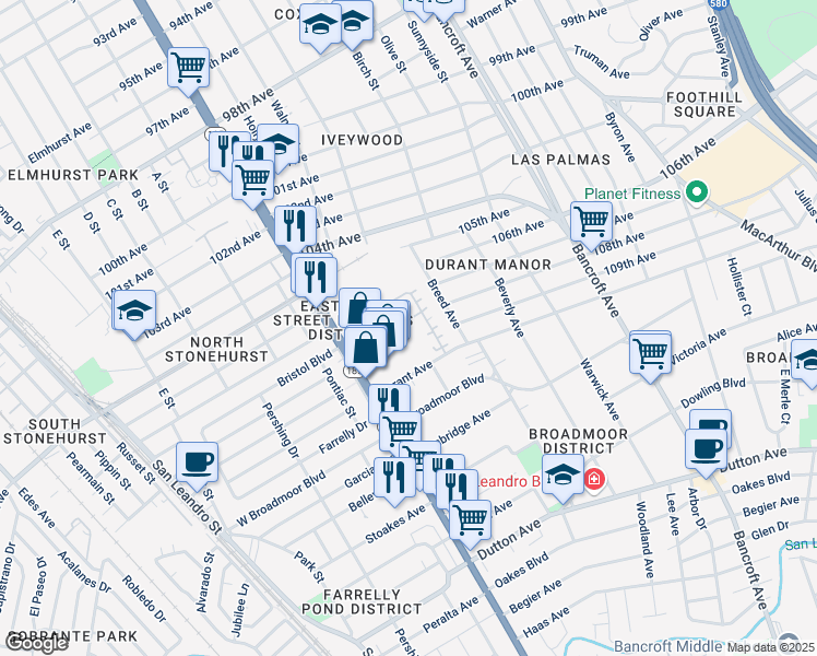 map of restaurants, bars, coffee shops, grocery stores, and more near in Oakland