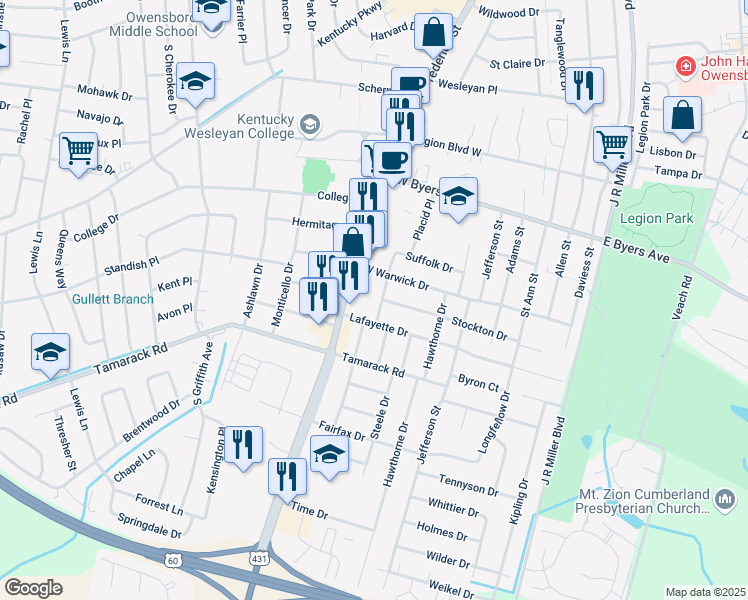 map of restaurants, bars, coffee shops, grocery stores, and more near 3528 Placid Place in Owensboro