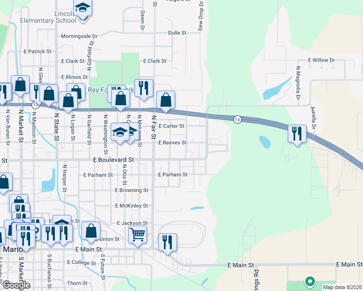 map of restaurants, bars, coffee shops, grocery stores, and more near 1003 North Taft Street in Marion