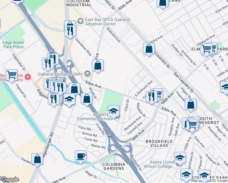 map of restaurants, bars, coffee shops, grocery stores, and more near 9175 Edes Avenue in Oakland