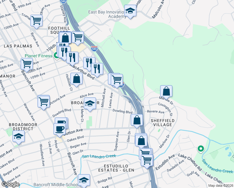map of restaurants, bars, coffee shops, grocery stores, and more near 653 MacArthur Boulevard in San Leandro