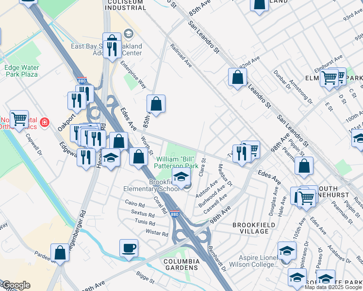 map of restaurants, bars, coffee shops, grocery stores, and more near 9000-9348 Edes Avenue in Oakland