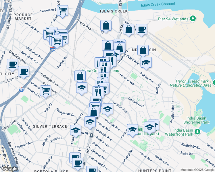 map of restaurants, bars, coffee shops, grocery stores, and more near in San Francisco