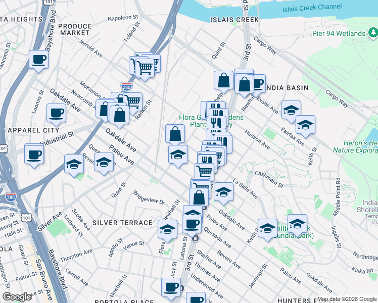 map of restaurants, bars, coffee shops, grocery stores, and more near 1791 La Salle Avenue in San Francisco