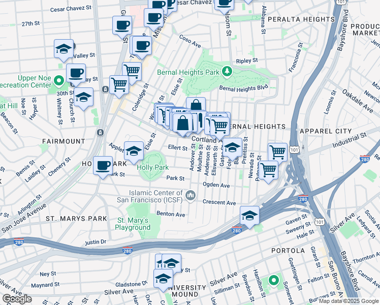 map of restaurants, bars, coffee shops, grocery stores, and more near 320 Andover Street in San Francisco