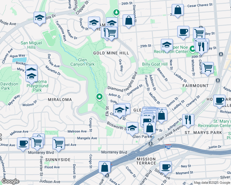 map of restaurants, bars, coffee shops, grocery stores, and more near 5677 Diamond Heights Boulevard in San Francisco