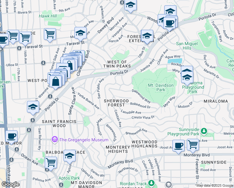 map of restaurants, bars, coffee shops, grocery stores, and more near 29 Lansdale Avenue in San Francisco