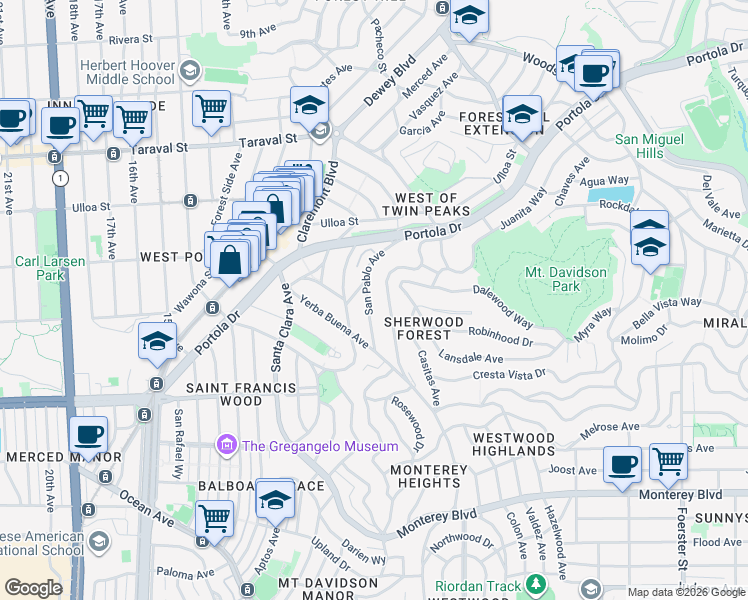 map of restaurants, bars, coffee shops, grocery stores, and more near 89 Miraloma Drive in San Francisco