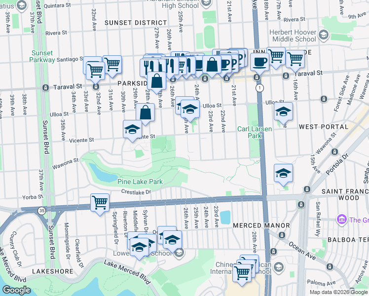 map of restaurants, bars, coffee shops, grocery stores, and more near 2624 26th Avenue in San Francisco
