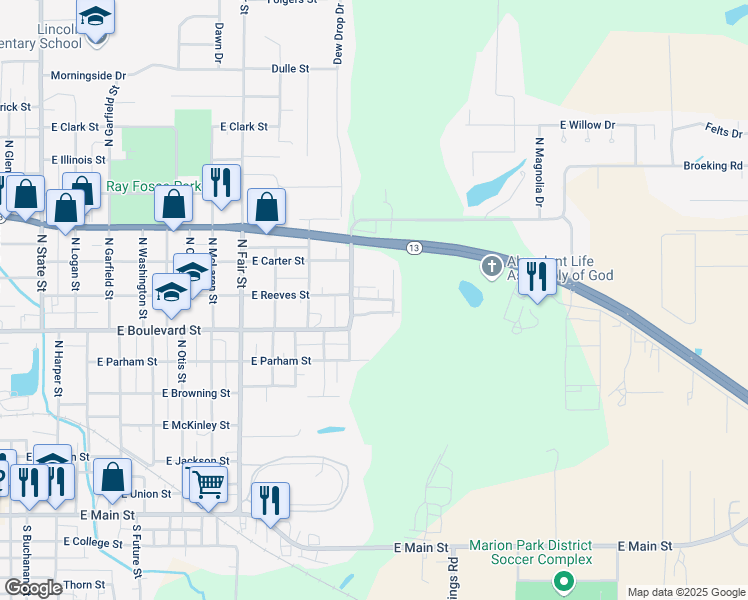 map of restaurants, bars, coffee shops, grocery stores, and more near 910 Independence Avenue in Marion