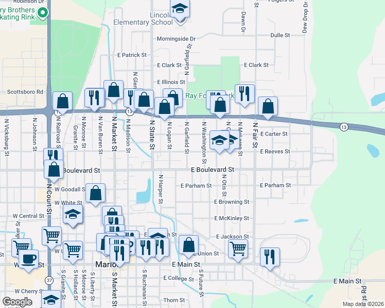 map of restaurants, bars, coffee shops, grocery stores, and more near 1004 North Washington Street in Marion