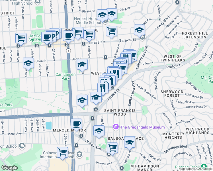 map of restaurants, bars, coffee shops, grocery stores, and more near 325 Wawona Street in San Francisco