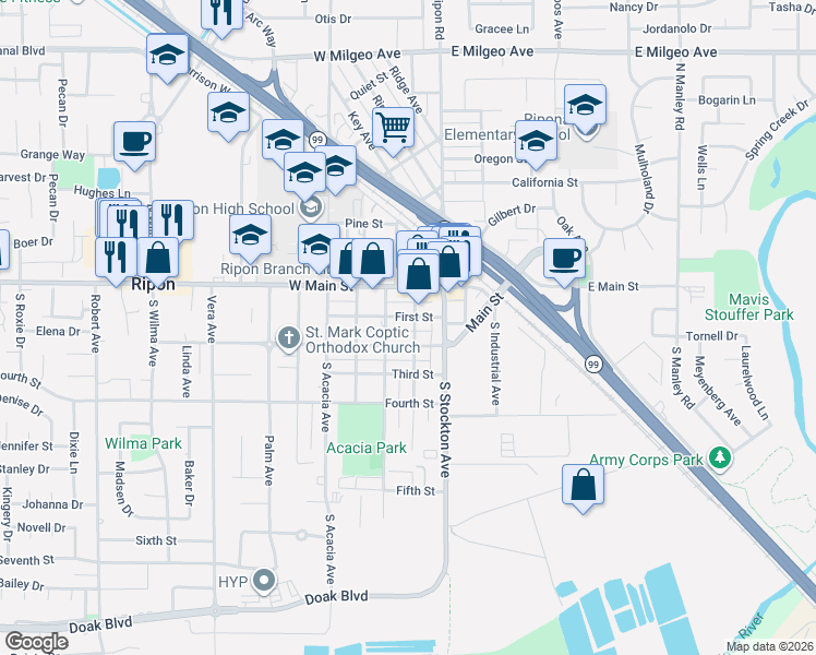 map of restaurants, bars, coffee shops, grocery stores, and more near 140 South Walnut Avenue in Ripon