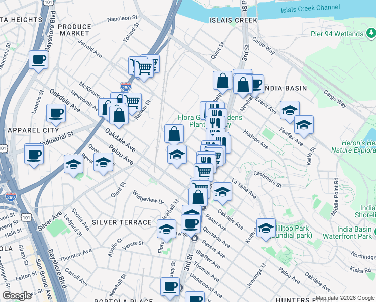 map of restaurants, bars, coffee shops, grocery stores, and more near 1791 La Salle Avenue in San Francisco