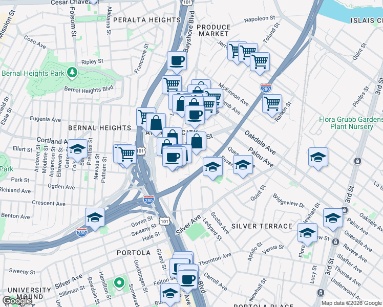 map of restaurants, bars, coffee shops, grocery stores, and more near 2275 Revere Avenue in San Francisco