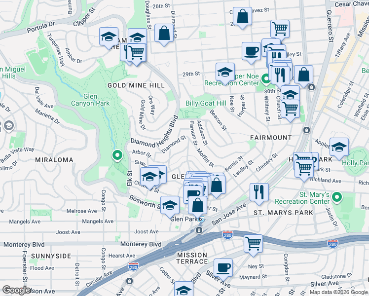 map of restaurants, bars, coffee shops, grocery stores, and more near 197 Moffitt Street in San Francisco